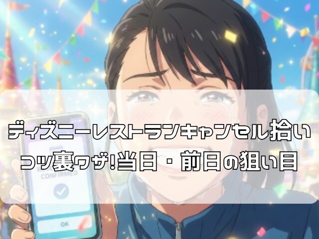 ディズニーランドでスマホを見てレストランのキャンセル拾いに成功し歓喜する女性のアニメ風イラスト