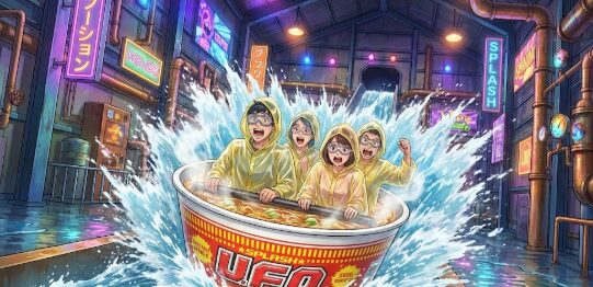 よみうりランドのスプラッシュU.F.O.で水しぶきを浴びながら激流を下る円形ボートとポンチョを着た乗客