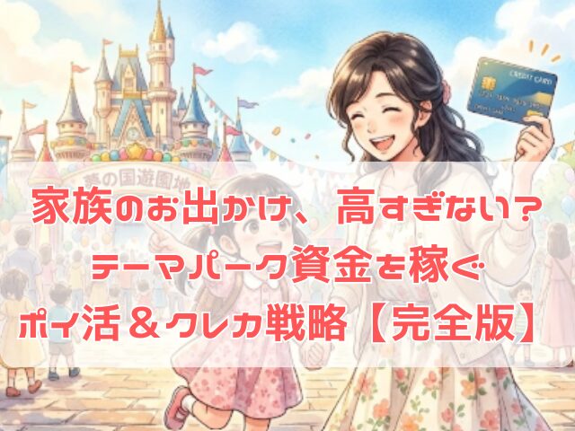 ポイ活で手に入れたクレジットカードを手に、テーマパークへ向かう笑顔の親子。お出かけを楽しむ母親と子供の心温まる水彩画風アニメイラスト