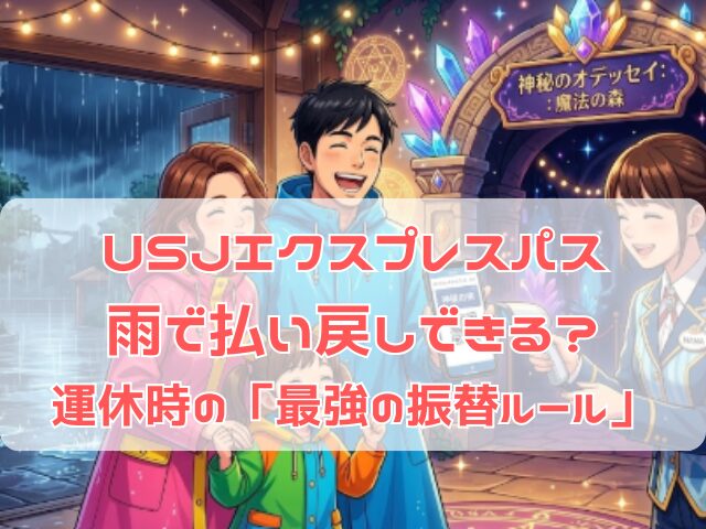 雨の日にエクスプレス・パス（振替）の画面を見せて笑顔で案内されている様子